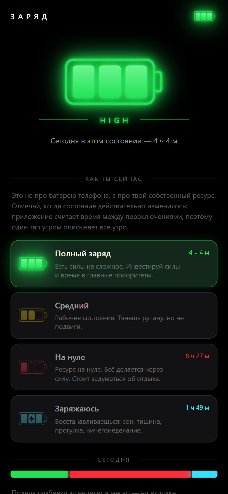 Список состояний и разбивка дня